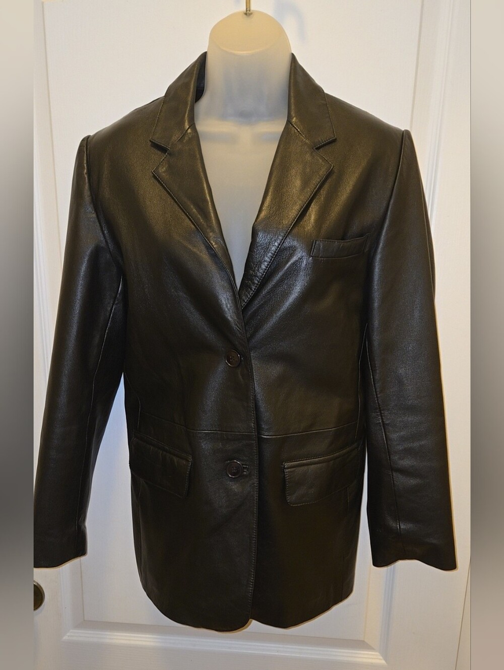 Excelled Black Genuine Leather Blazer Jacket Vintage 90s Y2K Two-Button Coat